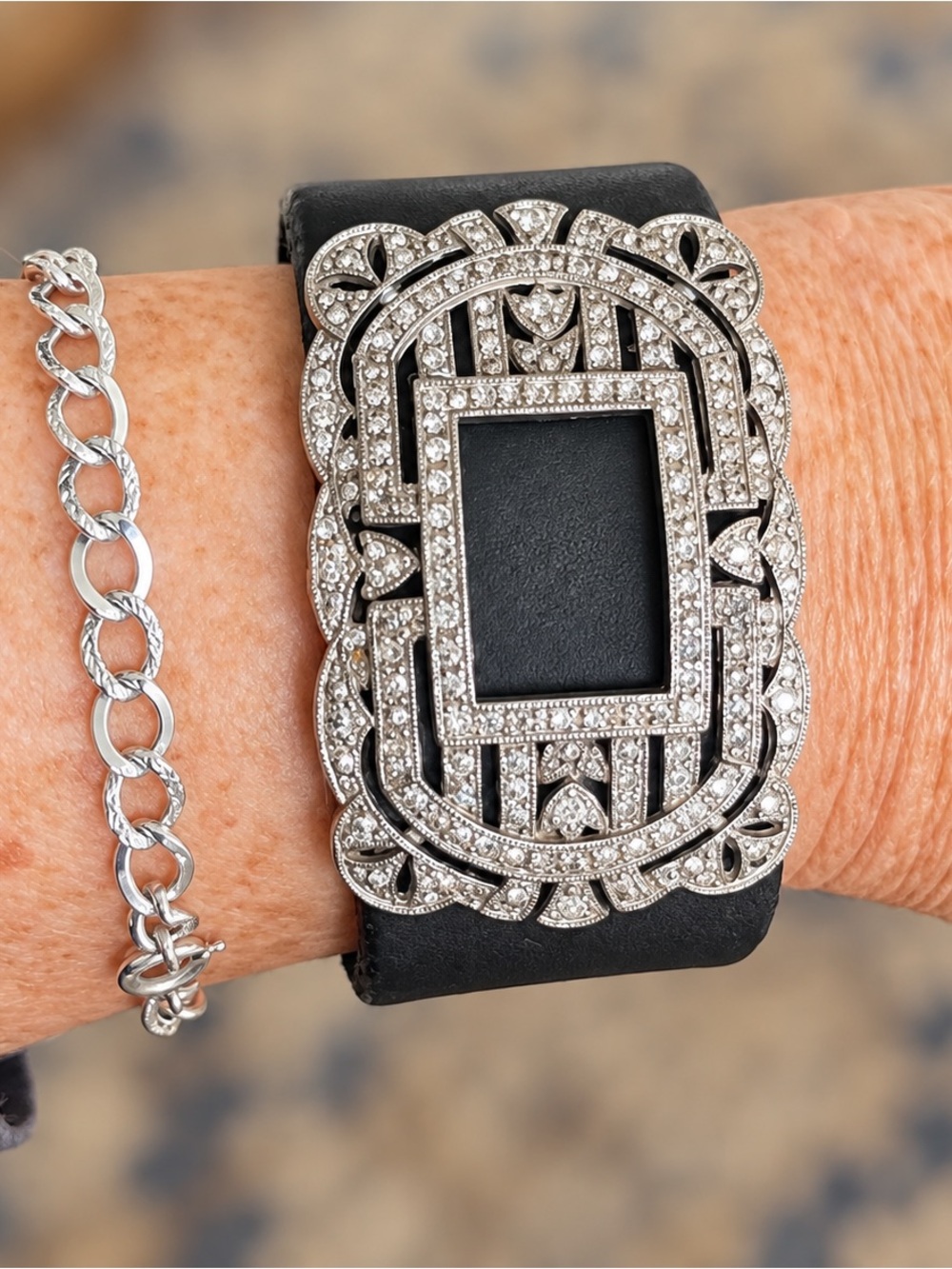 Handcrafted Black Leather Statement Cuff Adjustable Bracelet Boho Crystals Chic